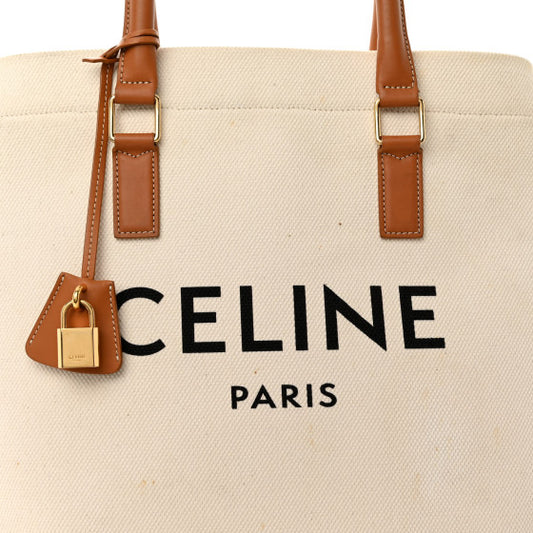 CELINE 
Canvas Calfskin Logo Print Small Horizontal Cabas Natural Tan