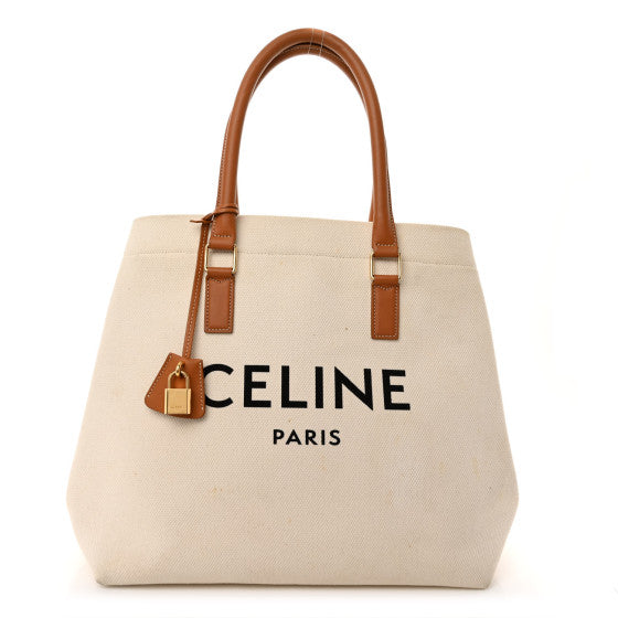 CELINE 
Canvas Calfskin Logo Print Small Horizontal Cabas Natural Tan