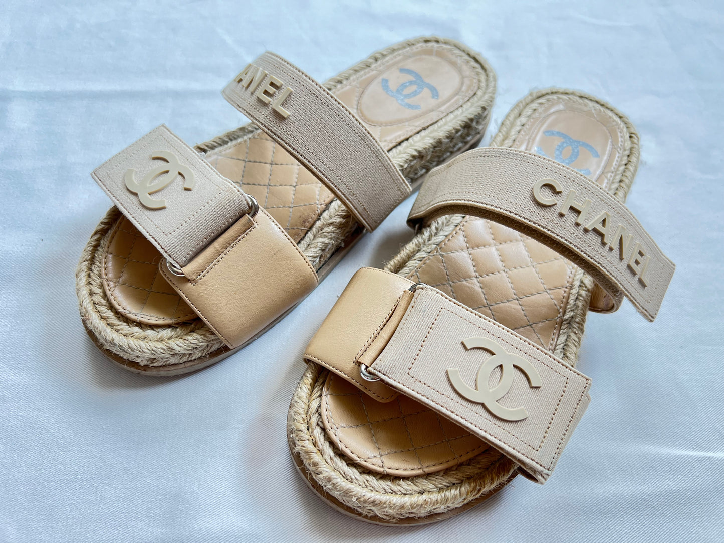 Chanel Shoes Strap Slide Sandals, Beige, Size 37