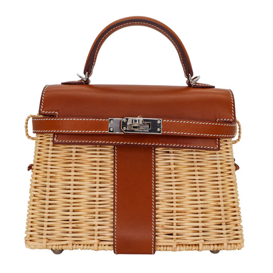 HERMÈS KELLY PICNIC MINI FAUVE BARENIA LEATHER/OSIER WICKER PALLADIUM HARDWARE