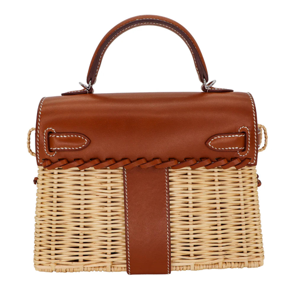 HERMÈS KELLY PICNIC MINI FAUVE BARENIA LEATHER/OSIER WICKER PALLADIUM HARDWARE