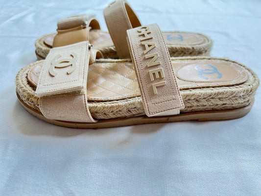 Chanel Shoes Strap Slide Sandals, Beige, Size 37