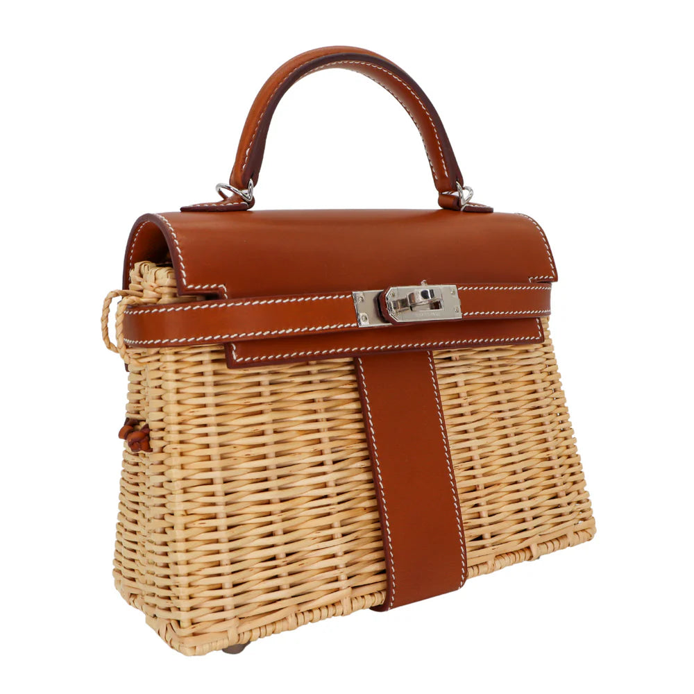 HERMÈS KELLY PICNIC MINI FAUVE BARENIA LEATHER/OSIER WICKER PALLADIUM HARDWARE