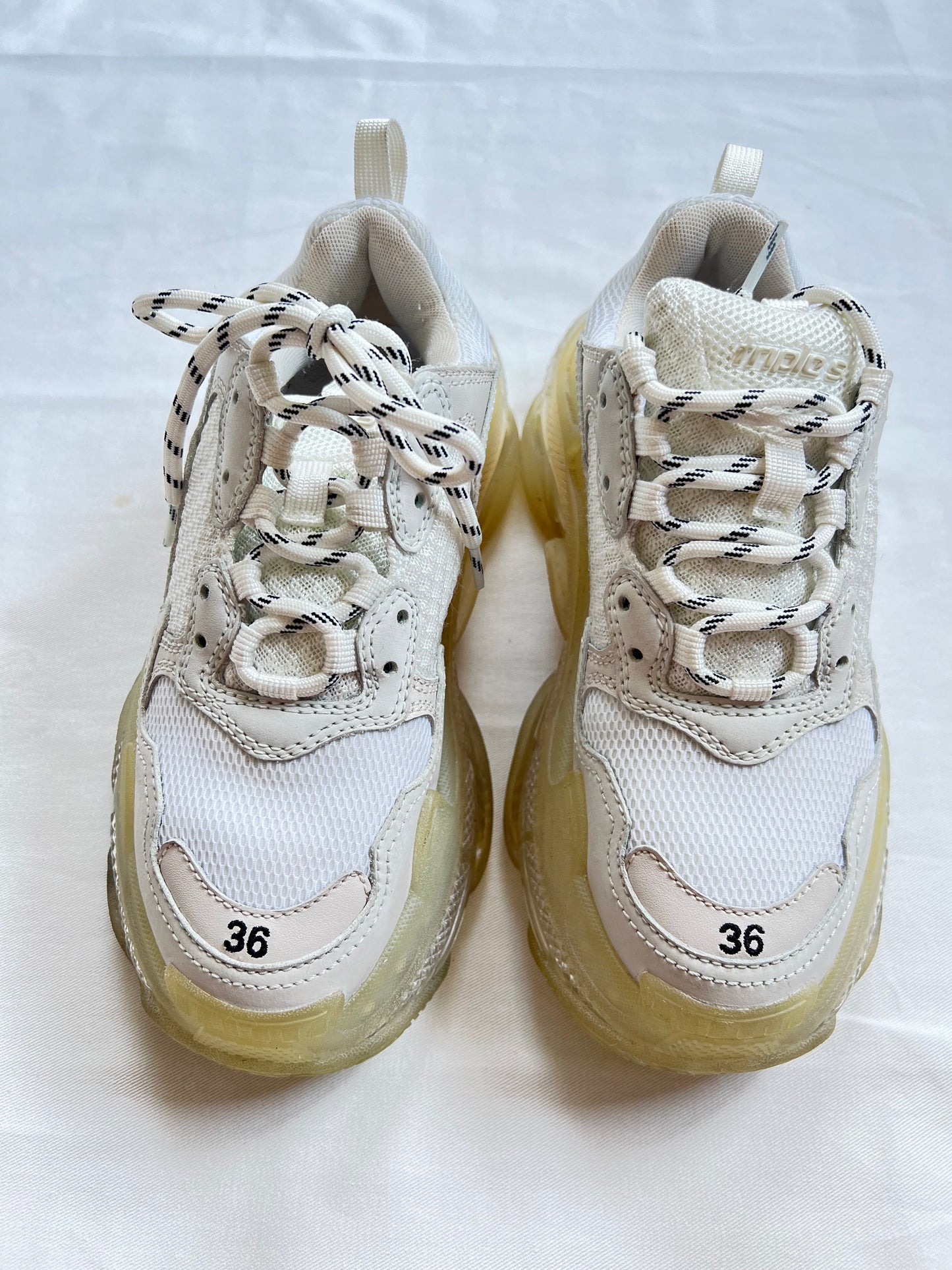 BALENCIAGA 
Fabric Mesh Clear Sole Womens Triple S Sneakers 36 White