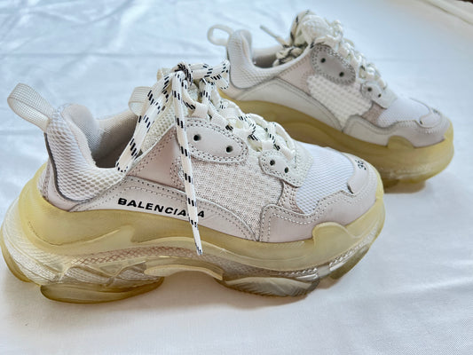 BALENCIAGA 
Fabric Mesh Clear Sole Womens Triple S Sneakers 36 White