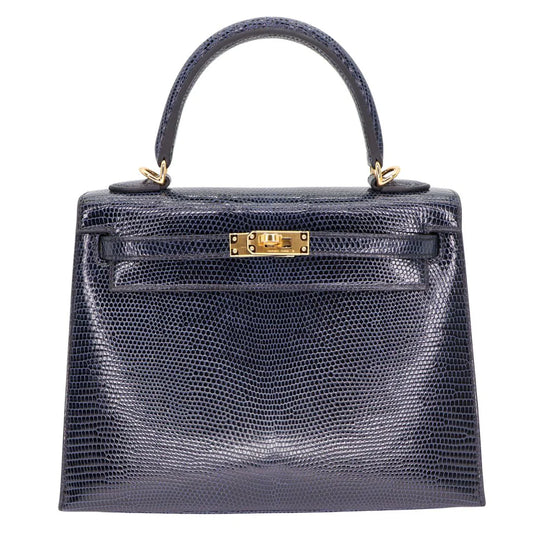 HERMÈS 25CM KELLY SELLIER BLEU INDIGO SHINY LIZARD GOLD HARDWARE