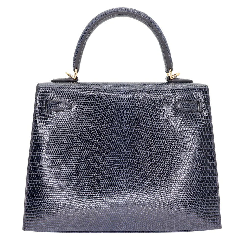 HERMÈS 25CM KELLY SELLIER BLEU INDIGO SHINY LIZARD GOLD HARDWARE